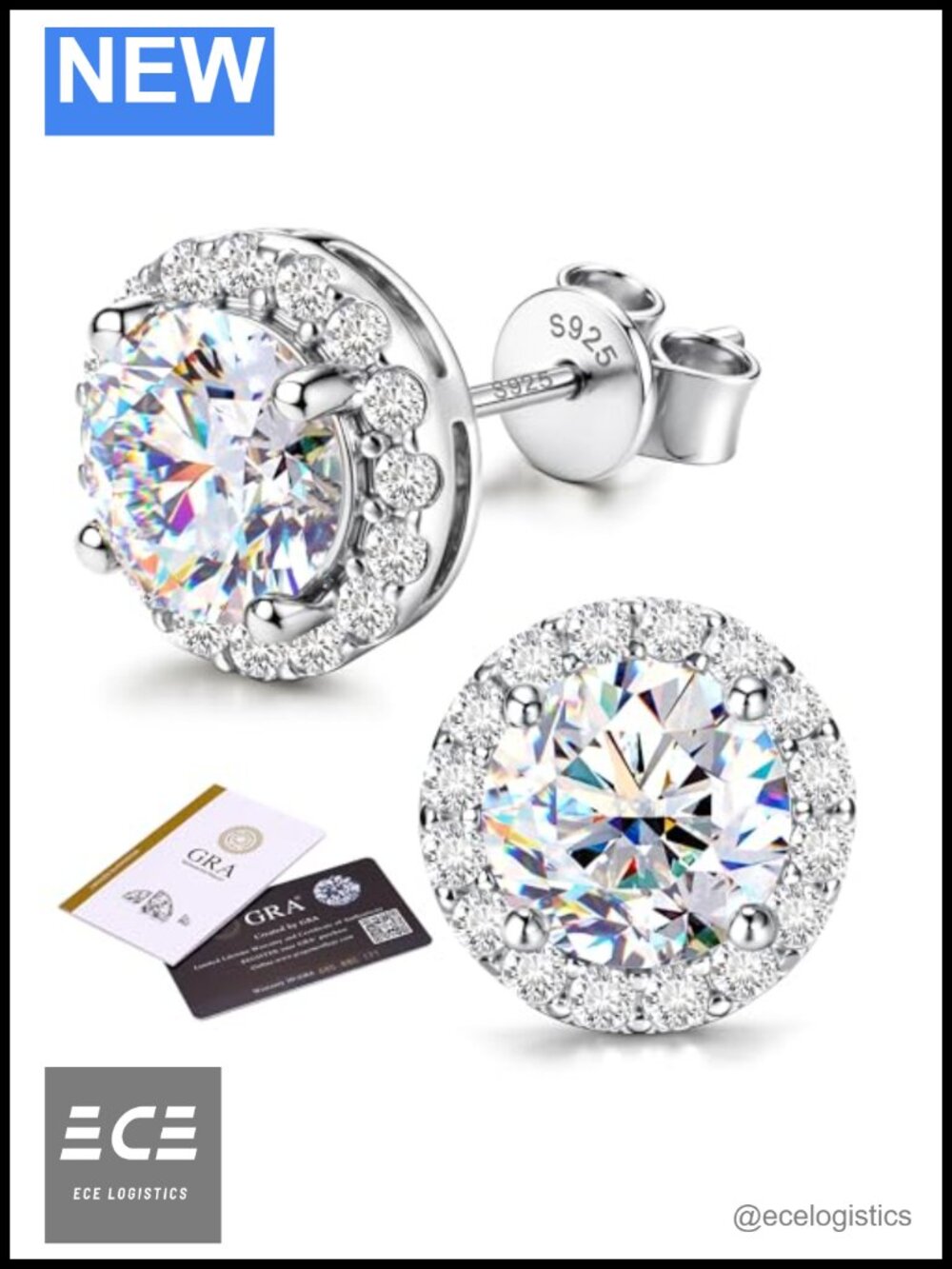 Moissanite Halo Stud Earrings 925 Sterling Silver 18k White Gold Plated